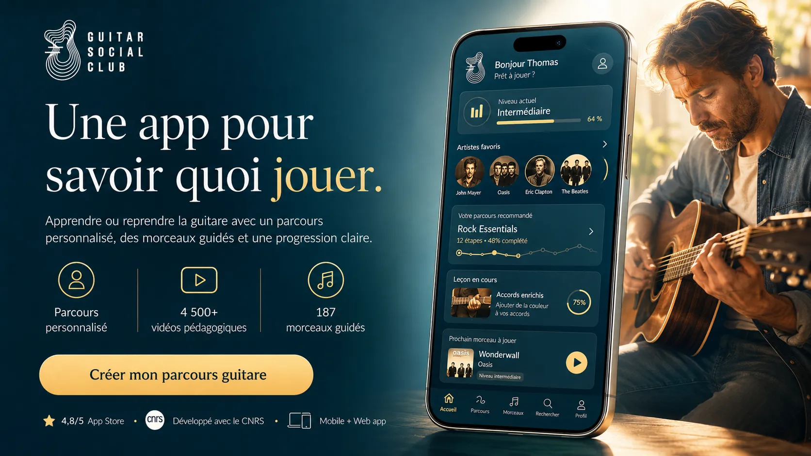 Produit app Guitar Social Club avec parcours de guitare et progression personnalisée