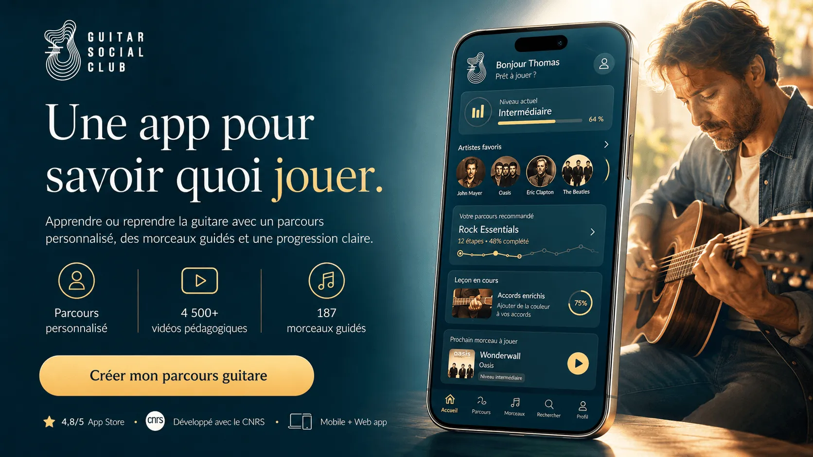 Produit app Guitar Social Club avec parcours de guitare et progression personnalisée