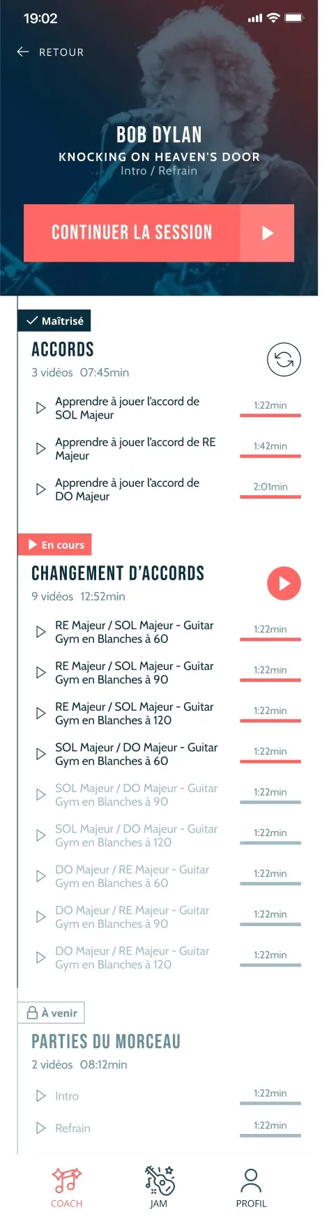 Écran de l'app Guitar Social Club pour Knocking on Heaven's Door - Bob Dylan : le morceau découpé en vidéos (accords, changements d'accords, parties), chacune avec sa durée