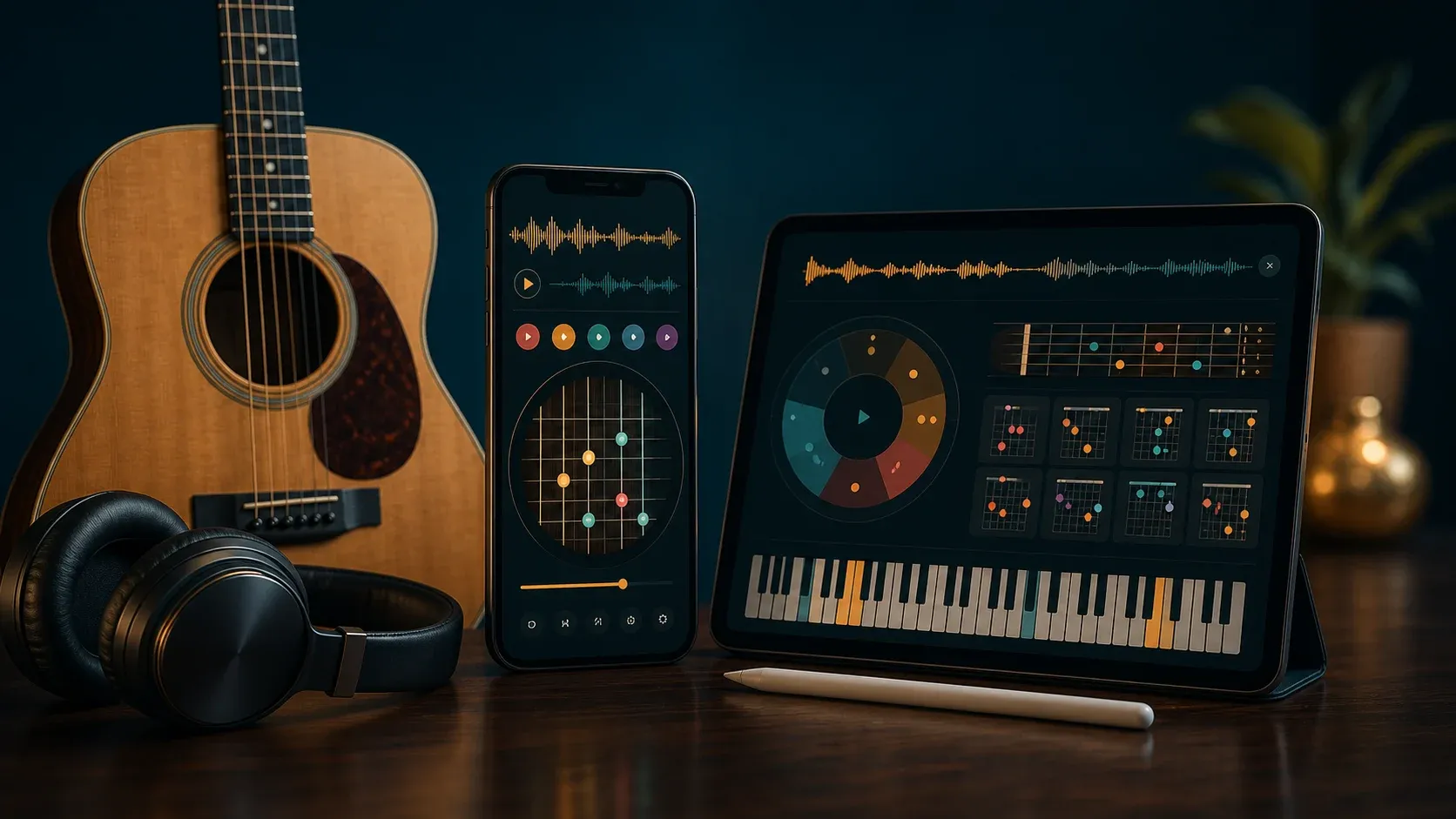 Application d'ear training affichée sur smartphone et tablette près d'une guitare