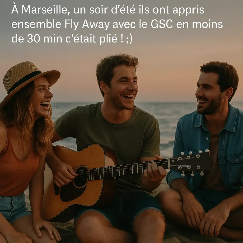Frédéric jouant Fly Away à la guitare sur la plage