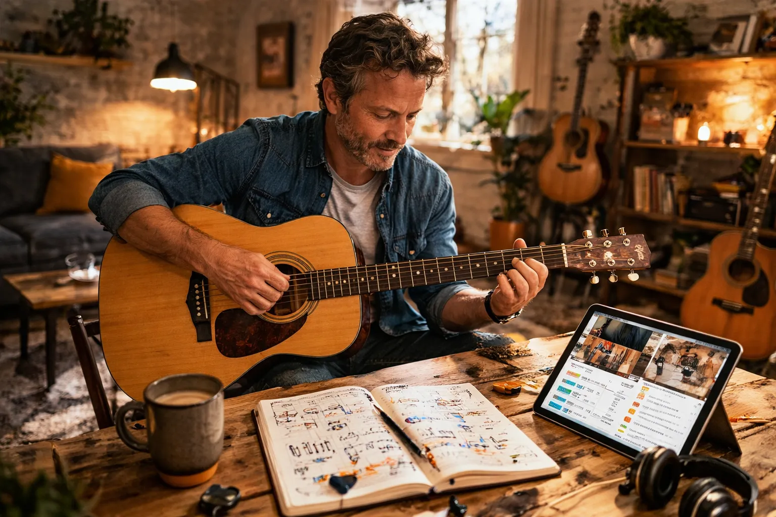 Guitariste travaillant avec un parcours d'apprentissage à la guitare
