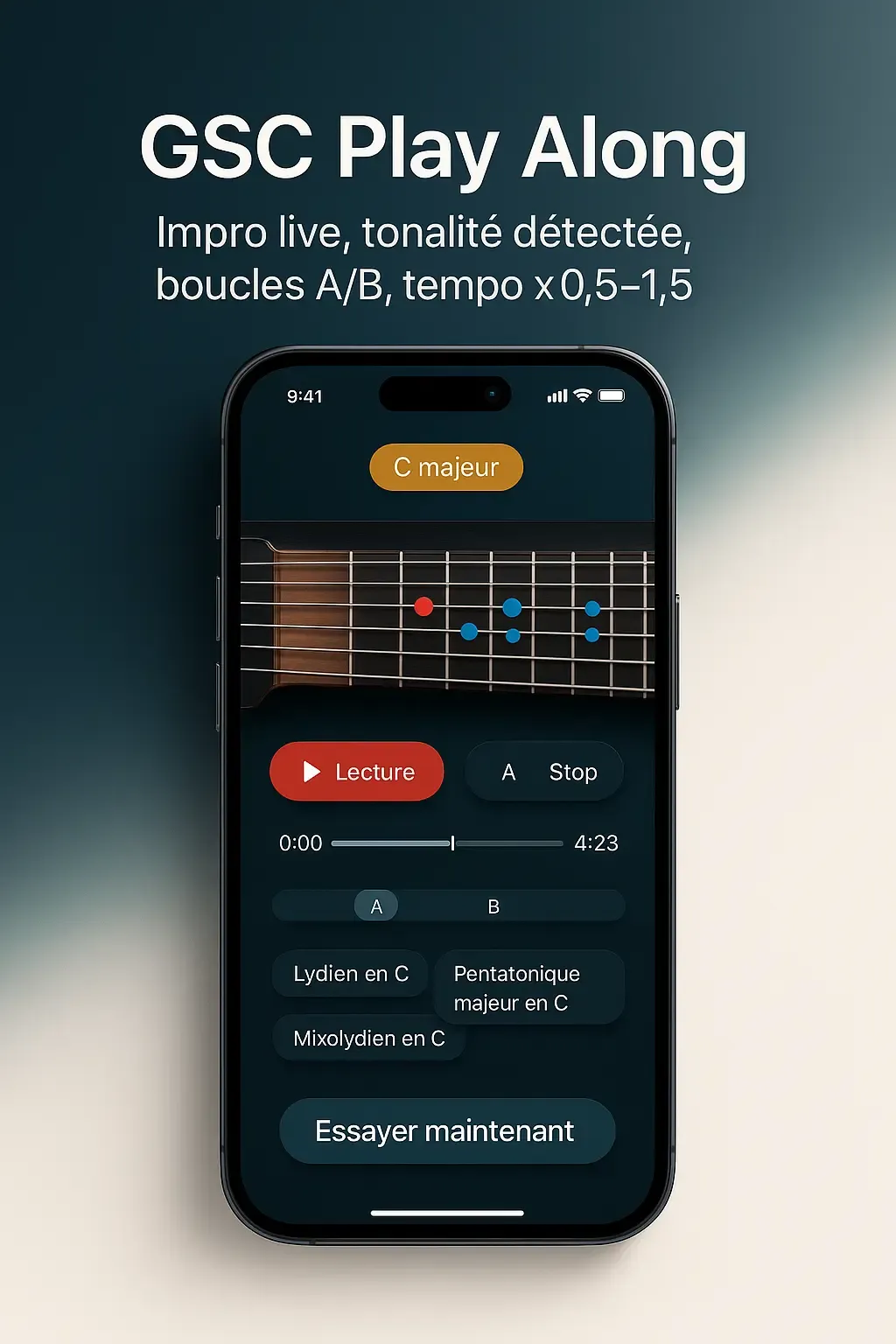 Backing track guitare en ligne avec manche interactif : grille d'accords, playback, gammes & arpèges