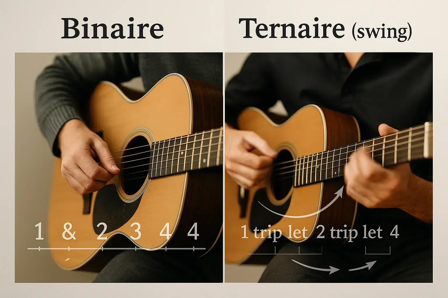 Main droite guitare : régularité du mouvement et qualité d'attaque pour le rythme