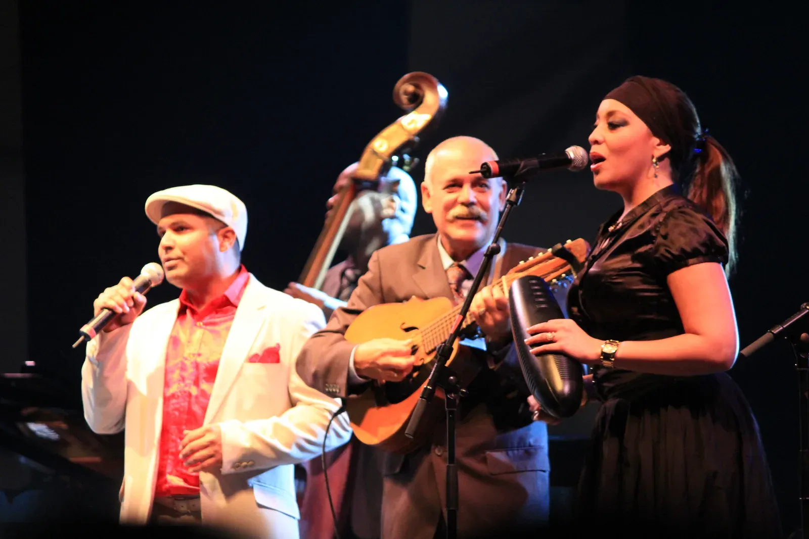 Musiciens de l'Orquesta Buena Vista Social Club en concert, chant, contrebasse et instrument à cordes pincées