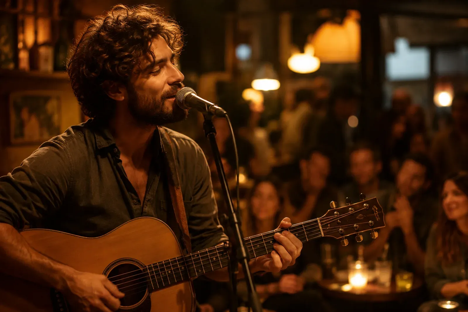Guitariste chantant et jouant en même temps devant un micro dans un bar intimiste