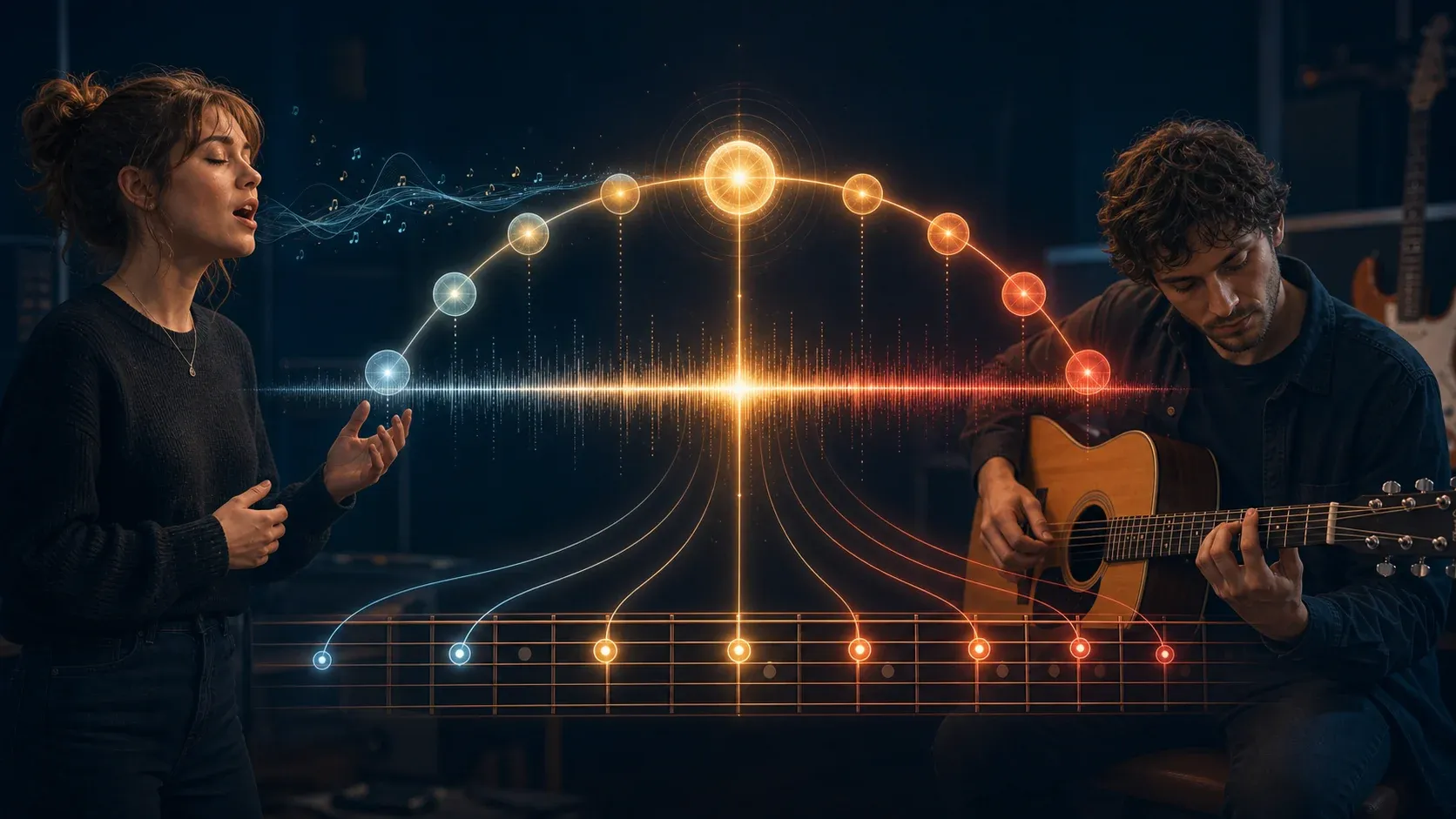 Musicien chantant les degrés d’une gamme autour d’une tonique lumineuse