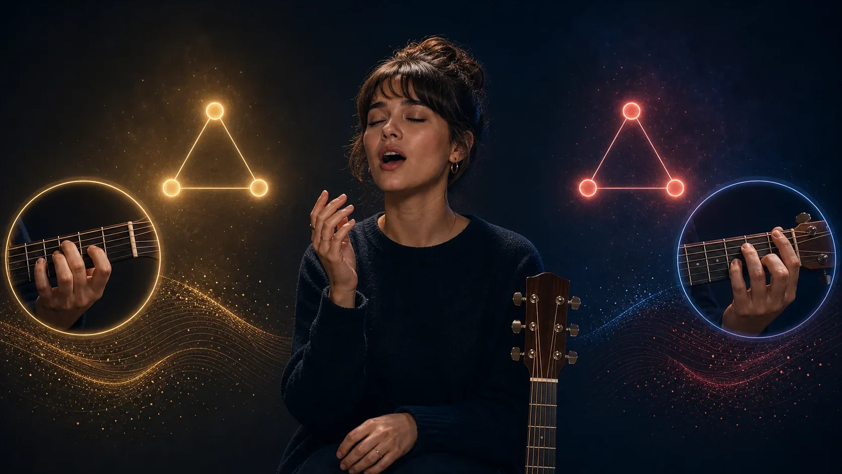 Musicien chantant deux constellations de trois notes majeure et mineure