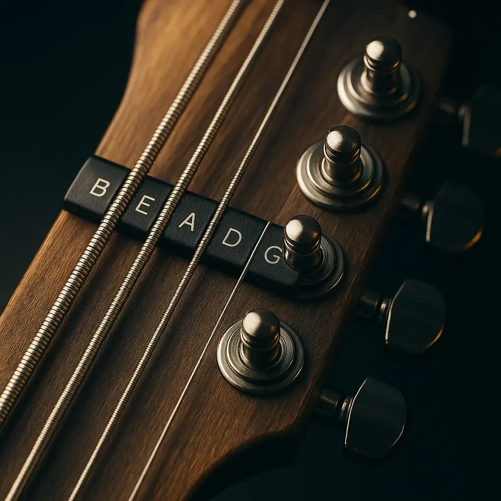 Chevalet, cordes et micros d'une basse six cordes