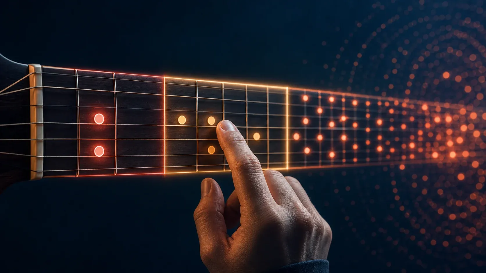 Manche de guitare passant d’un petit nombre de notes à une zone trop complexe