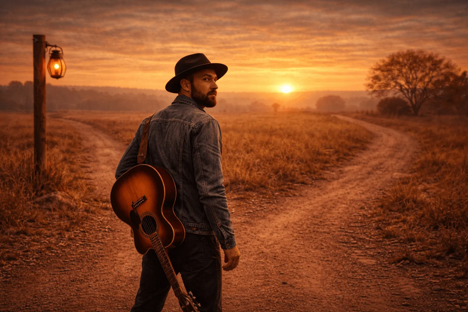 Guitariste devant un chemin pour choisir une prochaine action claire