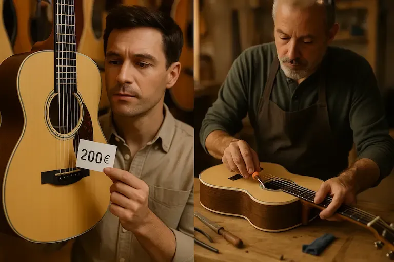 Guitare d'entrée de gamme bien réglée sur un présentoir