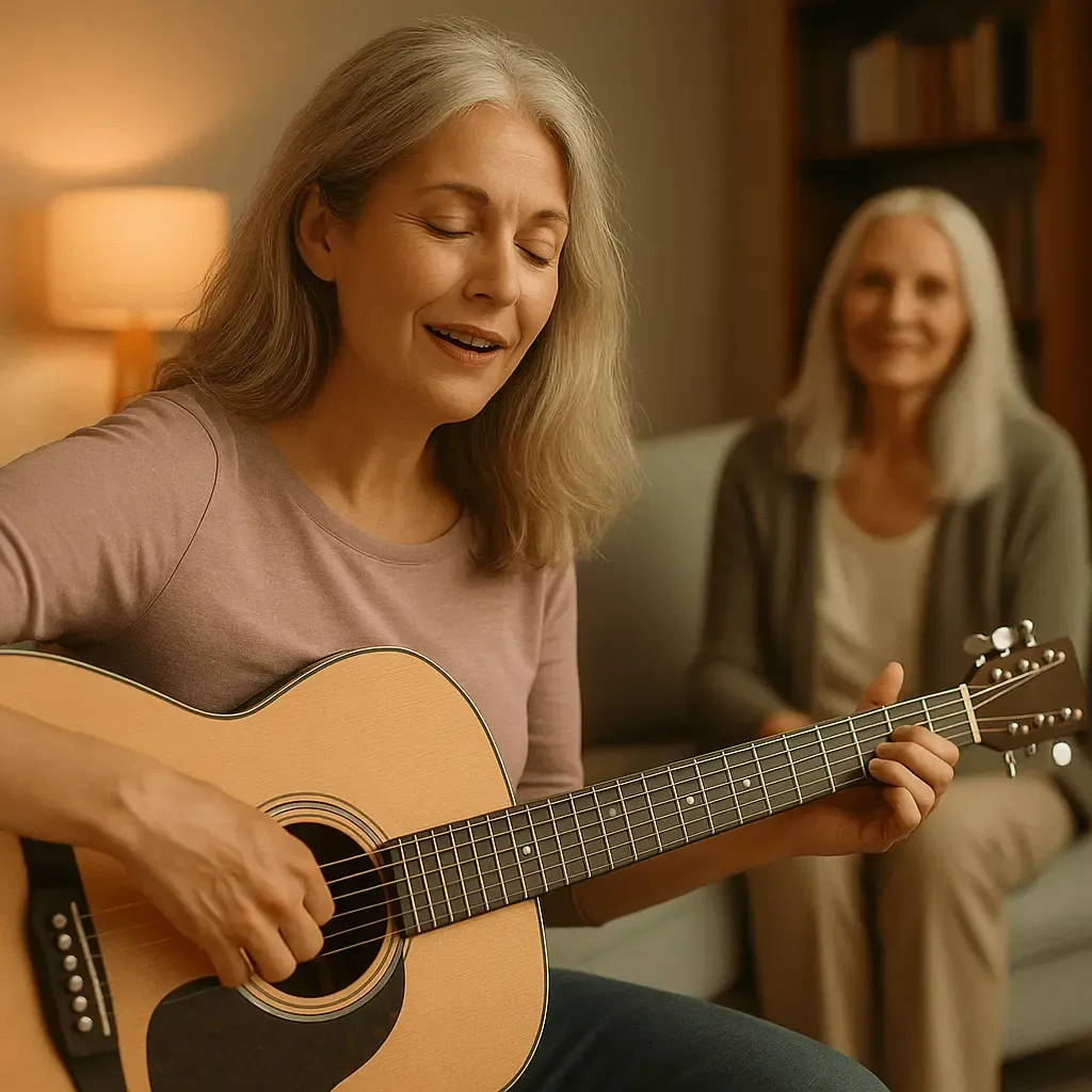 Cindy et sa mère chantant You're Beautiful à la guitare
