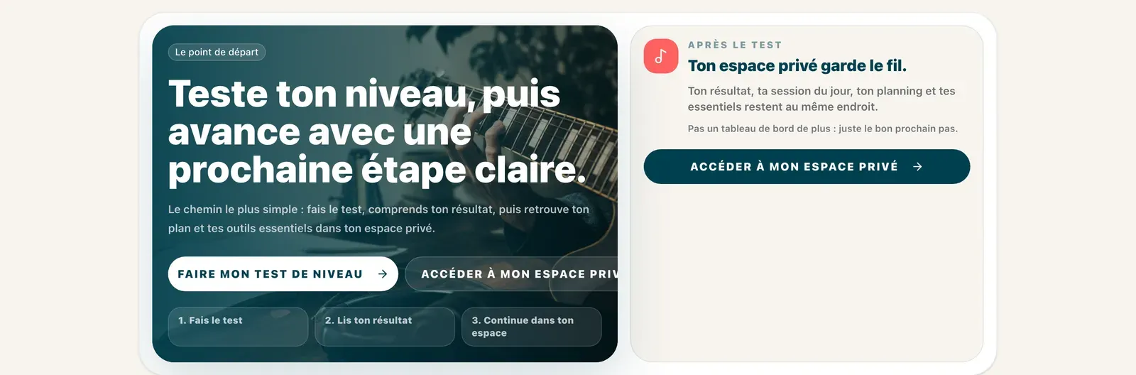 L'accueil du Club Guitar Social Club : « Teste ton niveau, puis avance avec une prochaine étape claire », avec l'accès à l'espace privé qui garde le fil