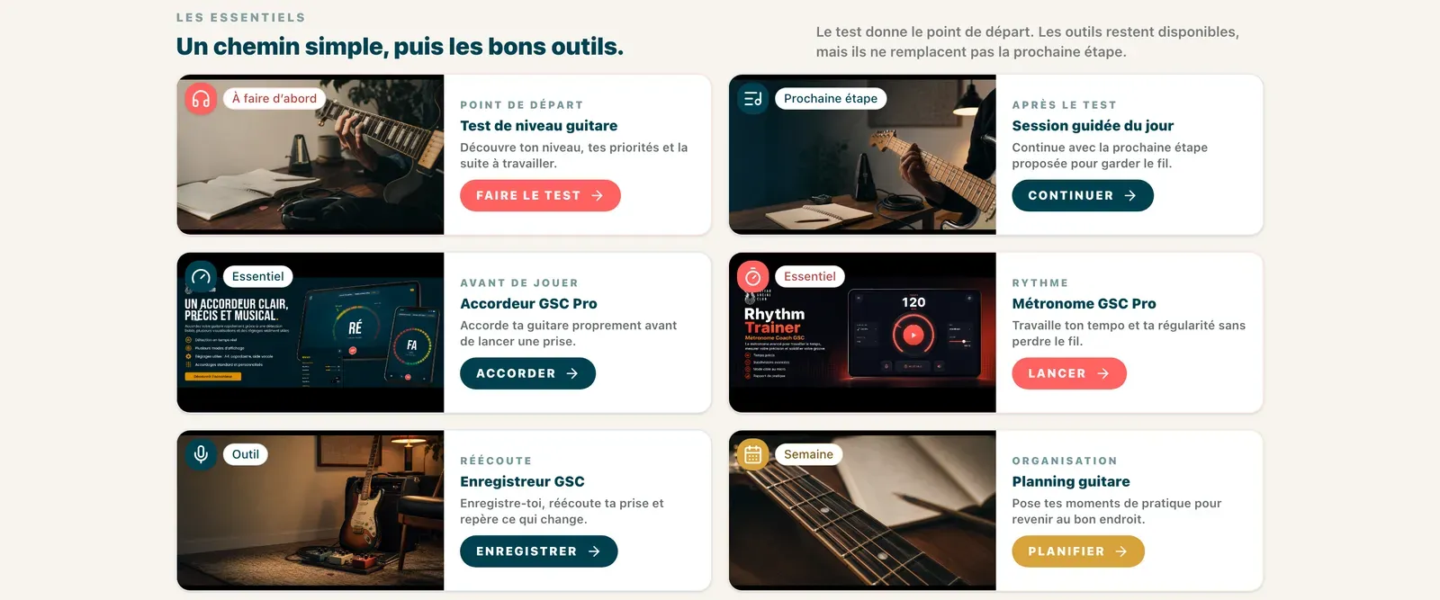 Les essentiels du Club : test de niveau guitare, session guidée du jour, Accordeur GSC Pro, Métronome GSC Pro, Enregistreur GSC et planning guitare