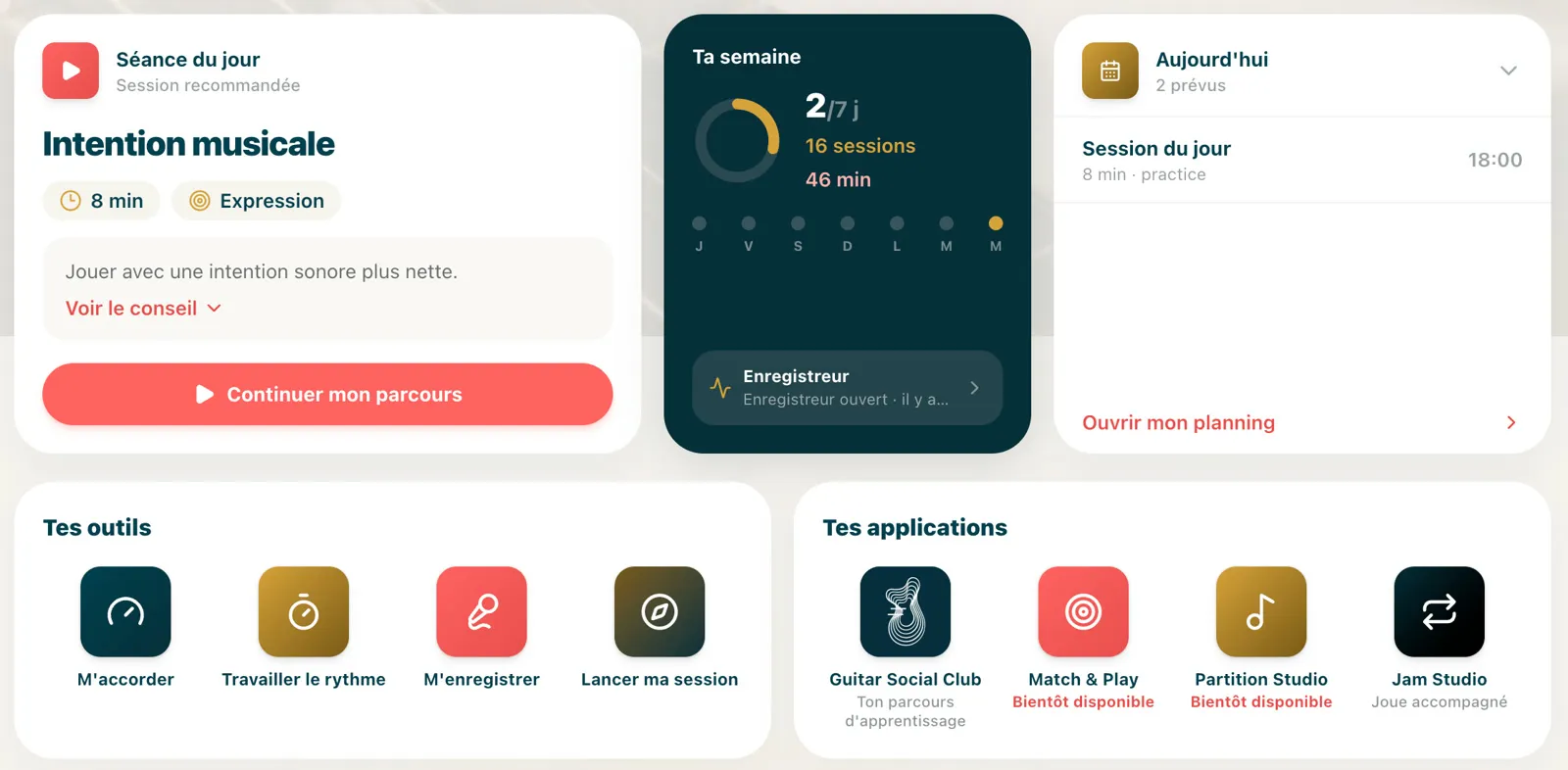 Le tableau de bord du Club : séance du jour, ta semaine, ton planning, tes outils et tes applications