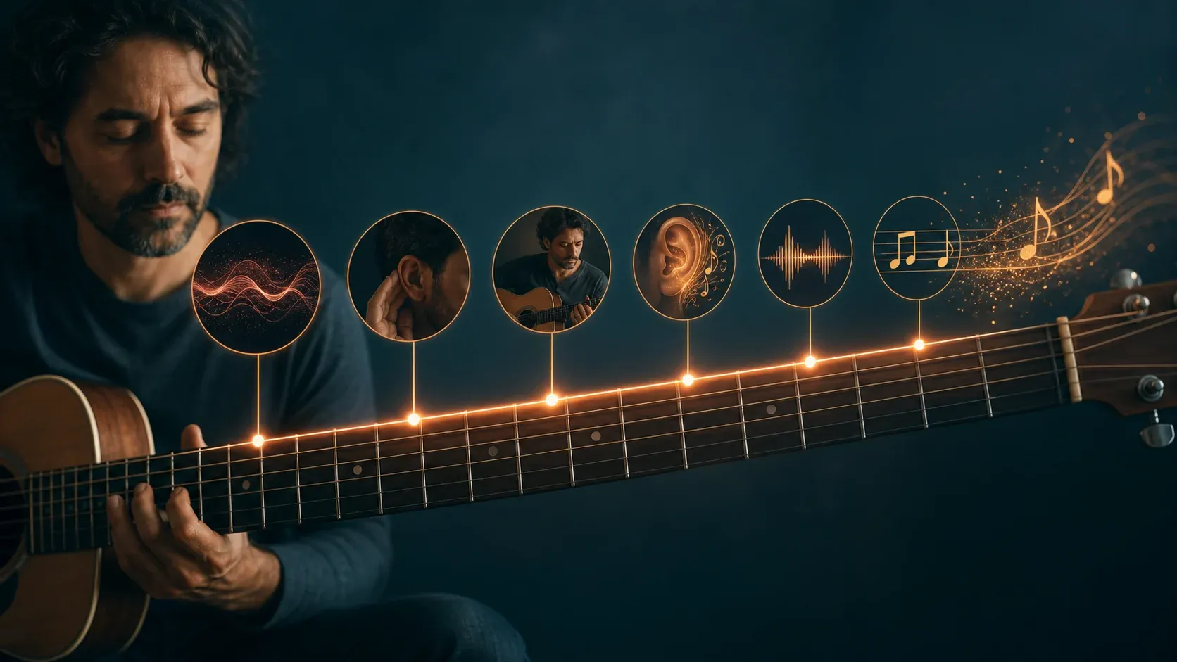 Étapes progressives reliant l'écoute au manche de guitare