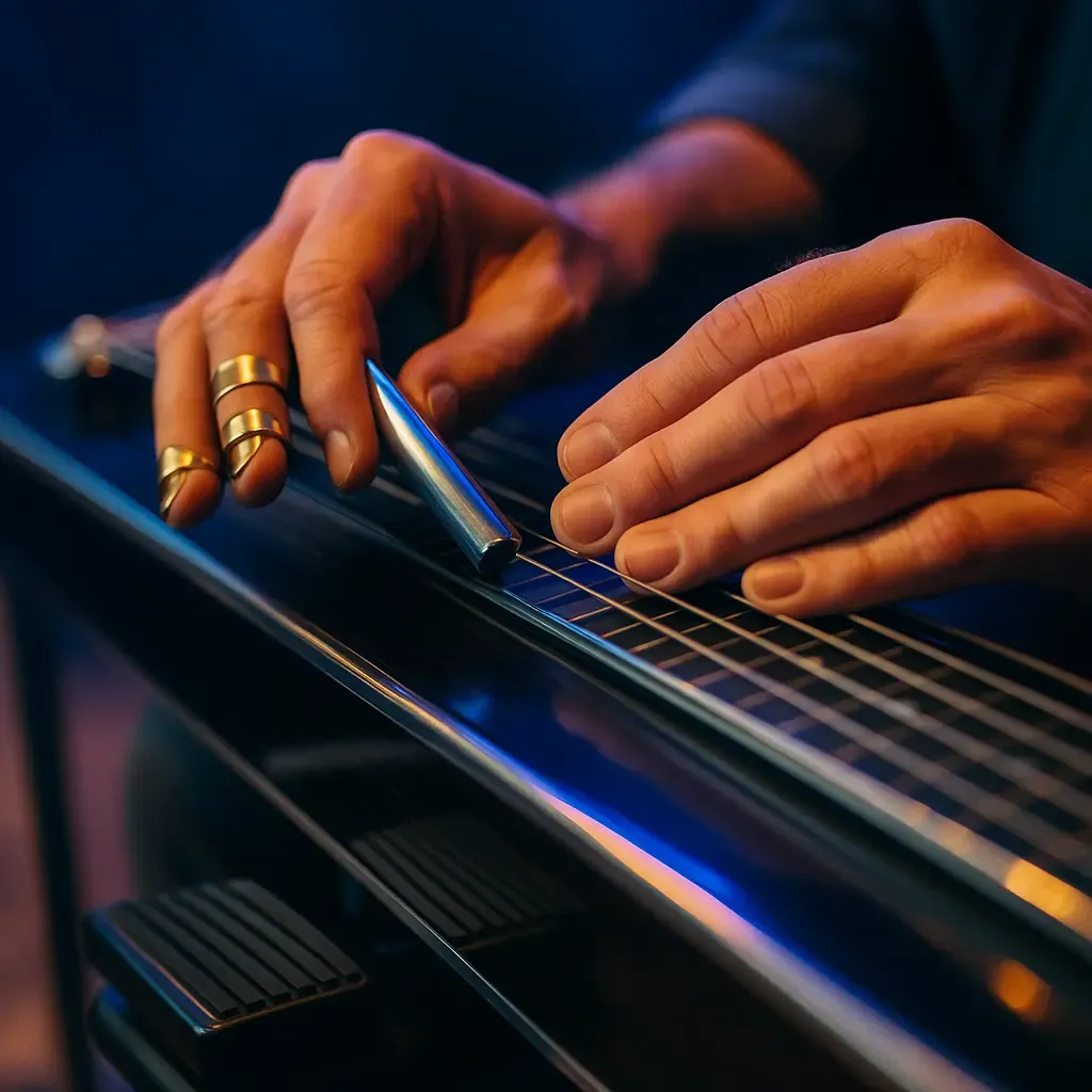 Gros plan sur les mains d'un joueur de Pedal Steel Guitar en plein glissé