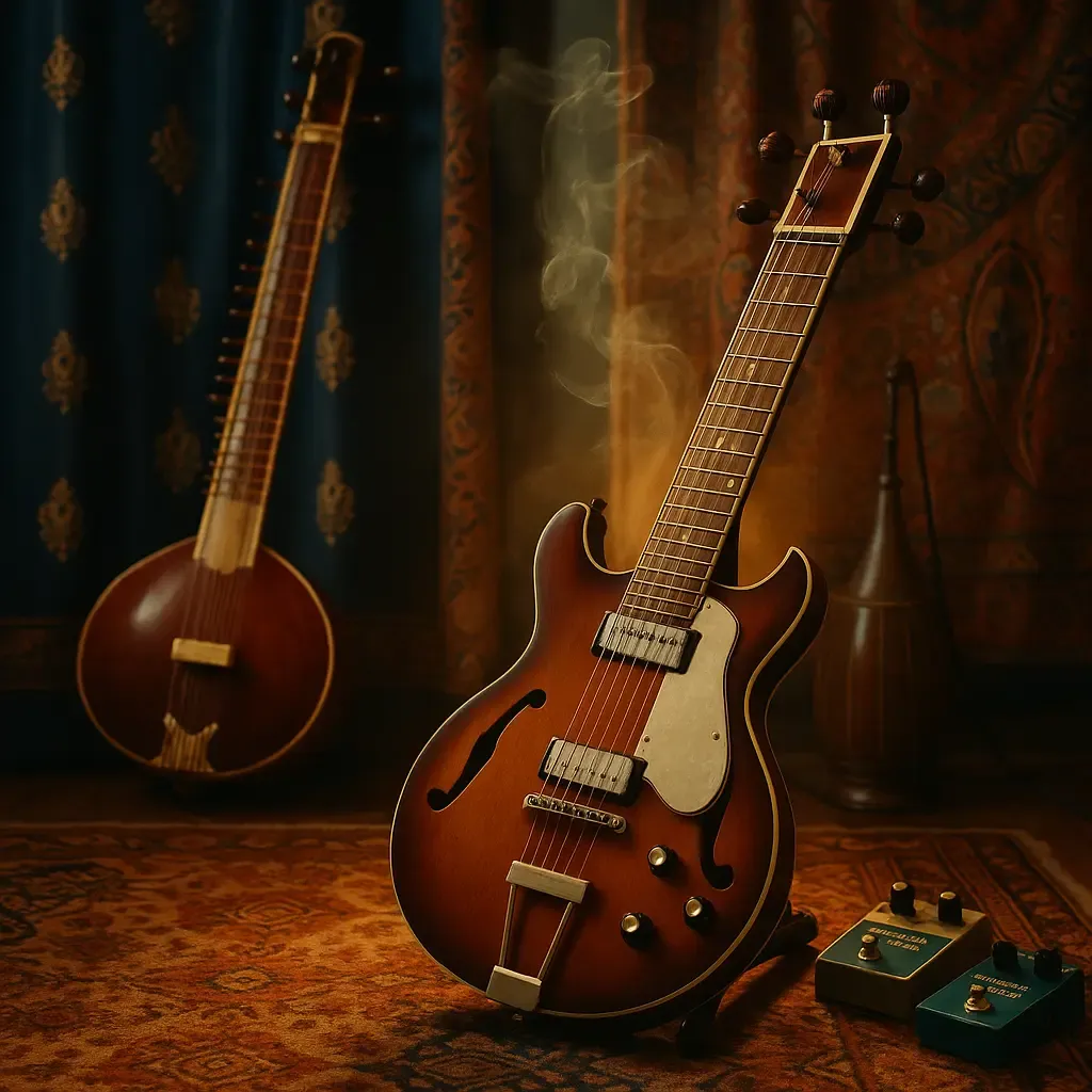 Détail chevalet jawari incurvé et cordes sympathiques : signature du son guitare sitar