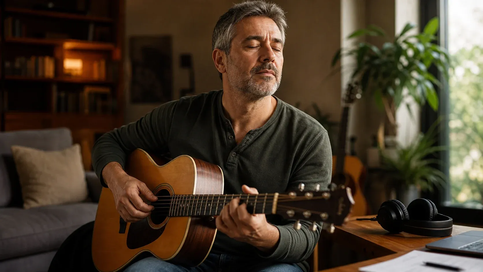 Guitariste adulte qui écoute attentivement avant de jouer