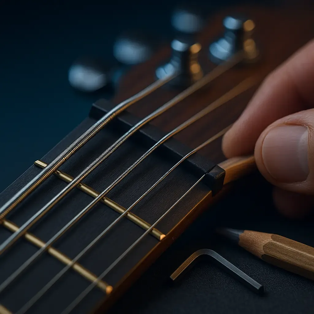 Cordes lourdes pour drop G tuning guitare : chevalet, mécaniques bloquantes et sillet lubrifié