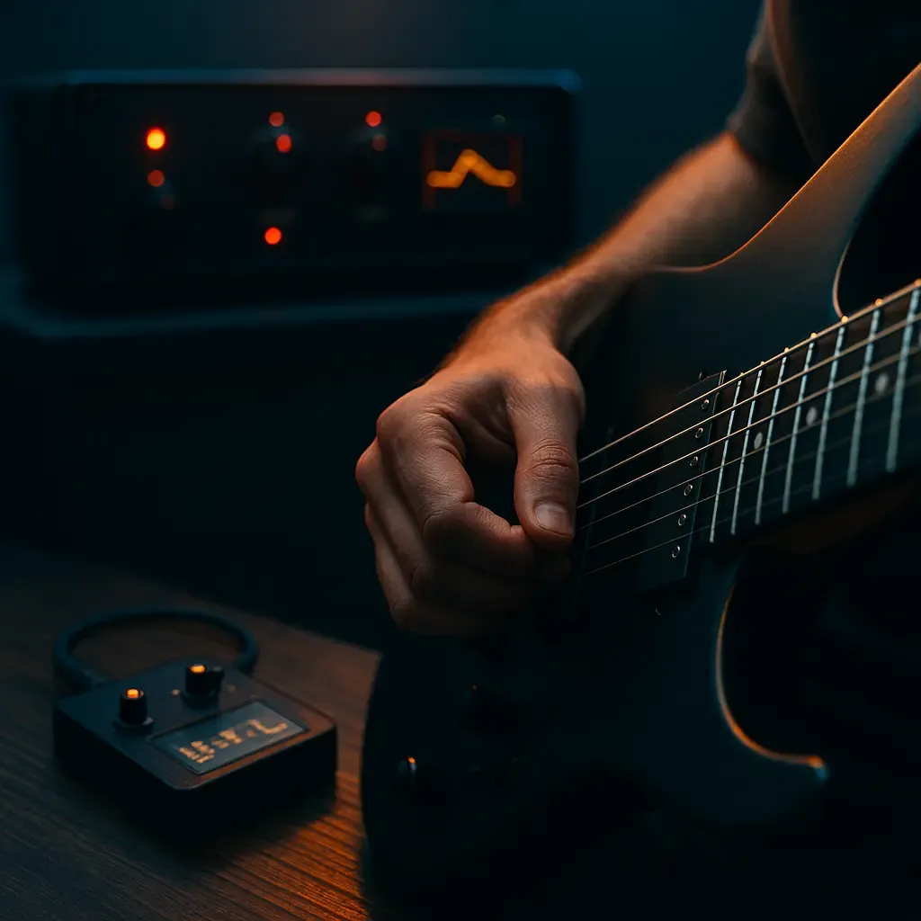 Scène métal moderne en drop G tuning guitare et drop F#, lumière froide