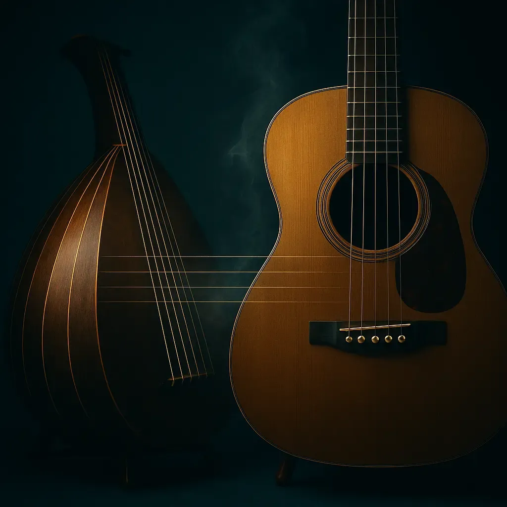 Jeu au luth dans un intérieur renaissance, ambiance intime