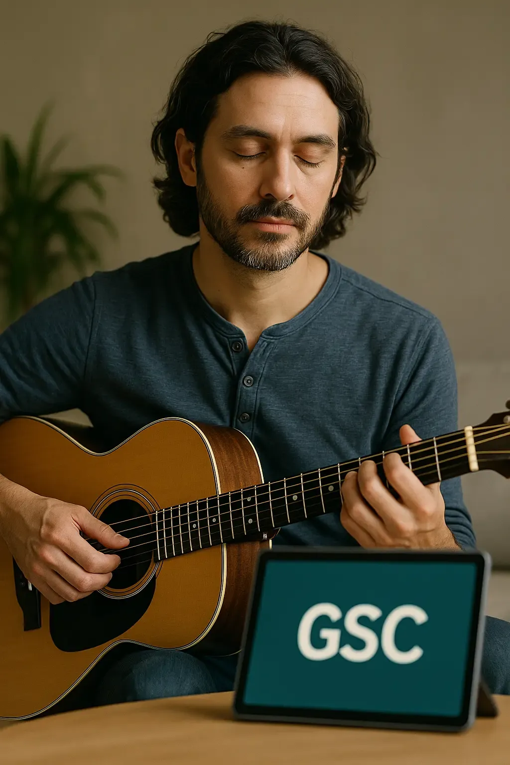 Guitariste concentré pendant une courte séance d'écoute