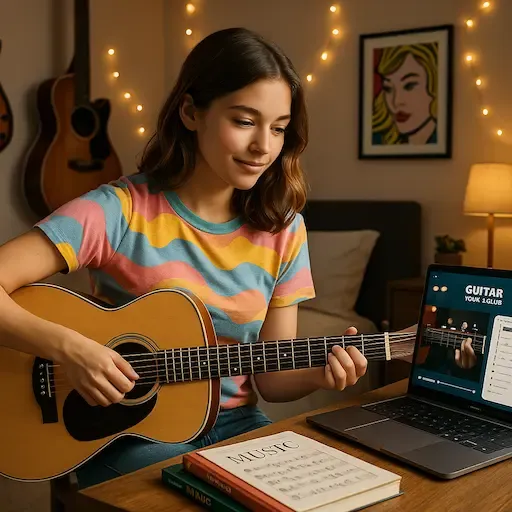 Jeune guitariste tenant fièrement sa première guitare