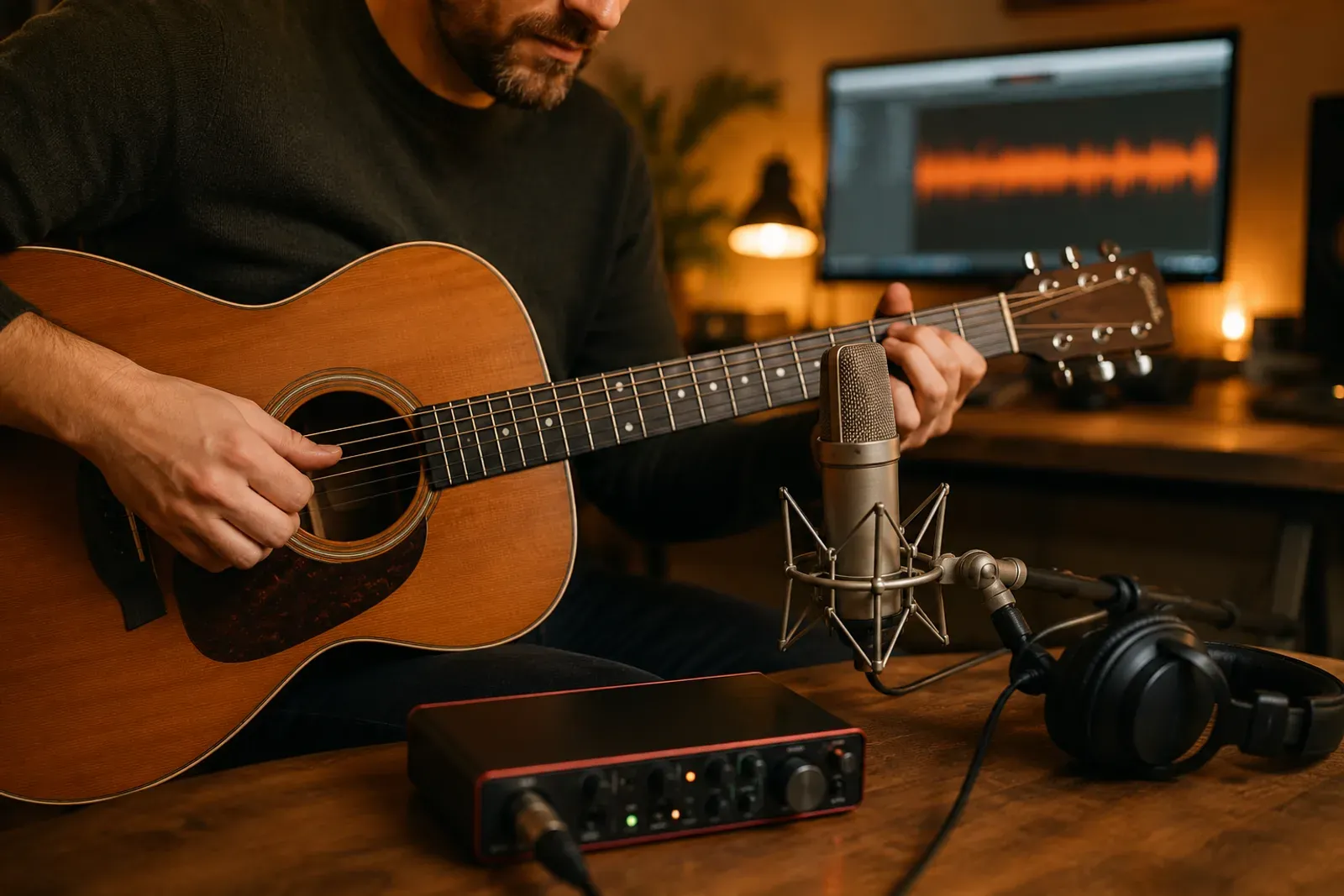 Guitariste enregistrant chez lui, guitare acoustique face à un micro de studio et une interface audio