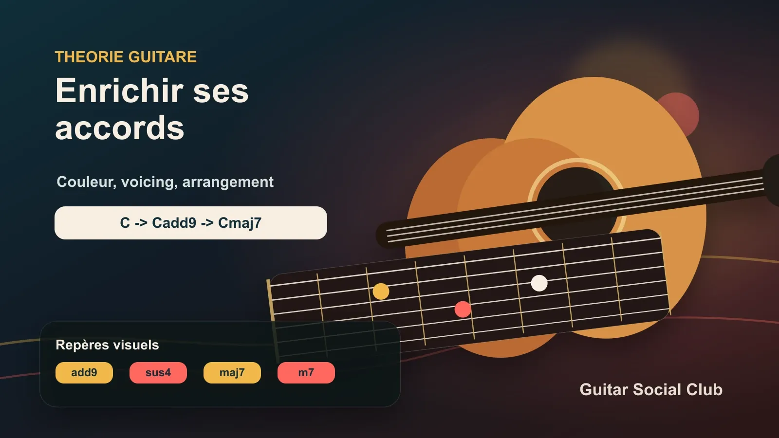 Guitariste qui enrichit une suite d’accords simple avec sus2, add9, maj7 et renversements