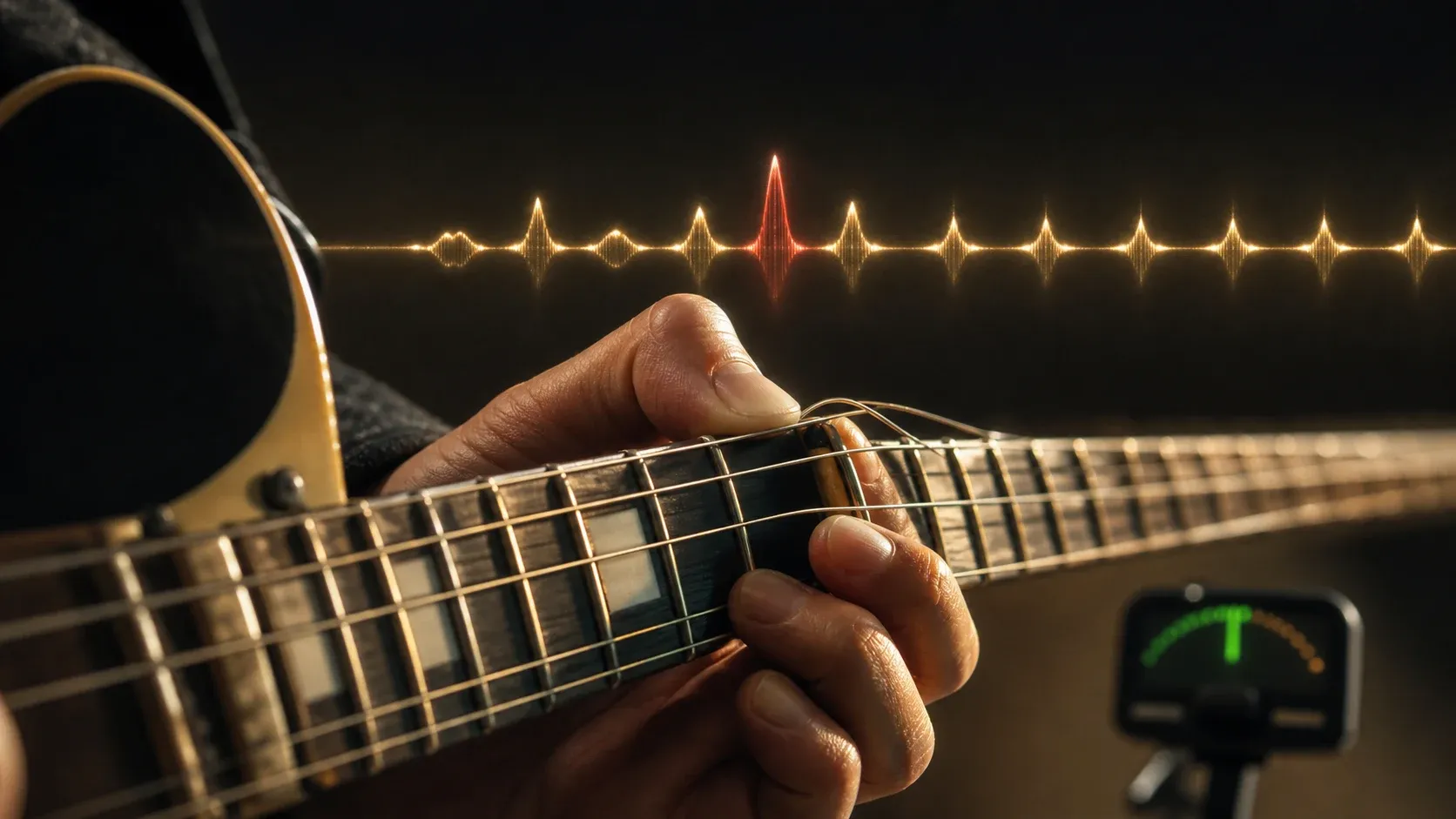 Guitariste comparant précisément la justesse d'un bend