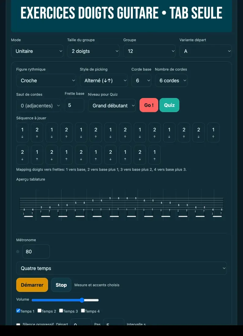 Exercices doigts guitare — interface du générateur avec tablature