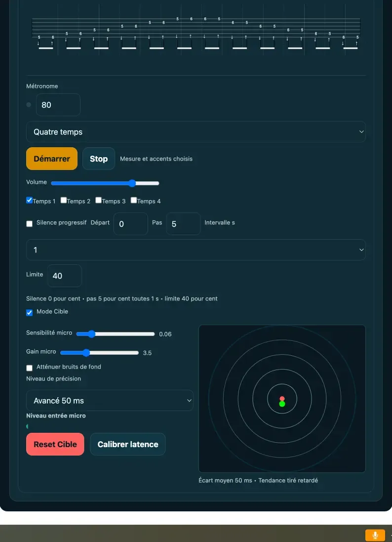 Mode cible — visualisation des écarts rythmiques en millisecondes