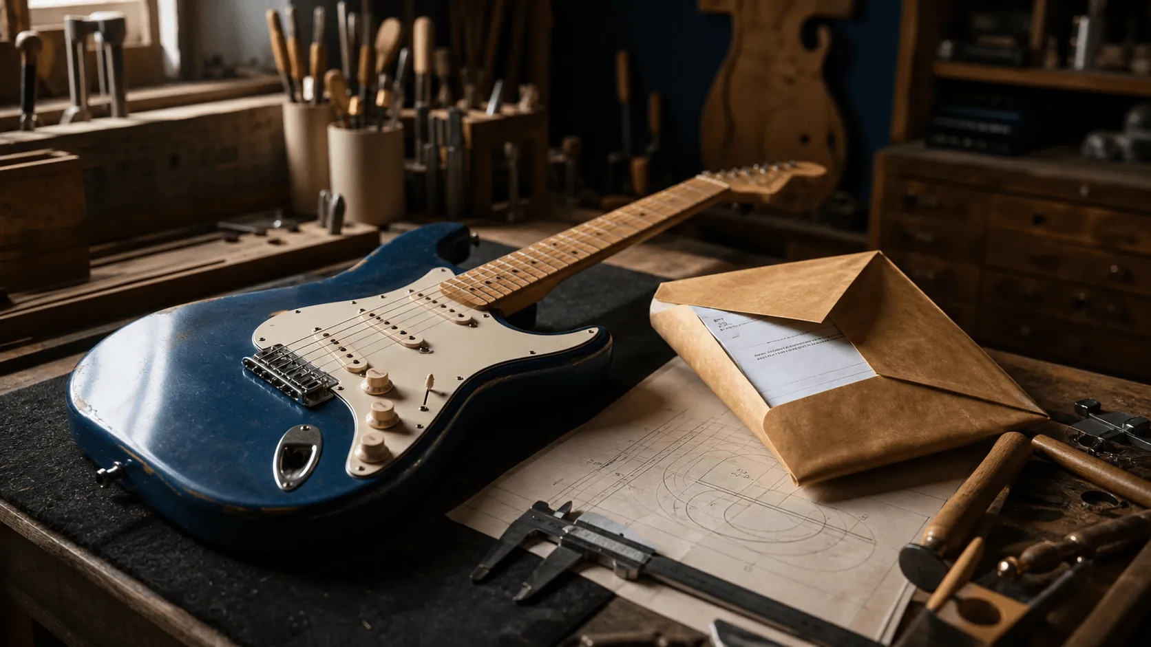 Guitare électrique de type Strat posée sur un établi de luthier avec une enveloppe juridique