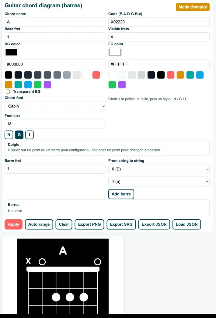 Interface du générateur de diagrammes d'accords GSC, avec un accord de A affiché