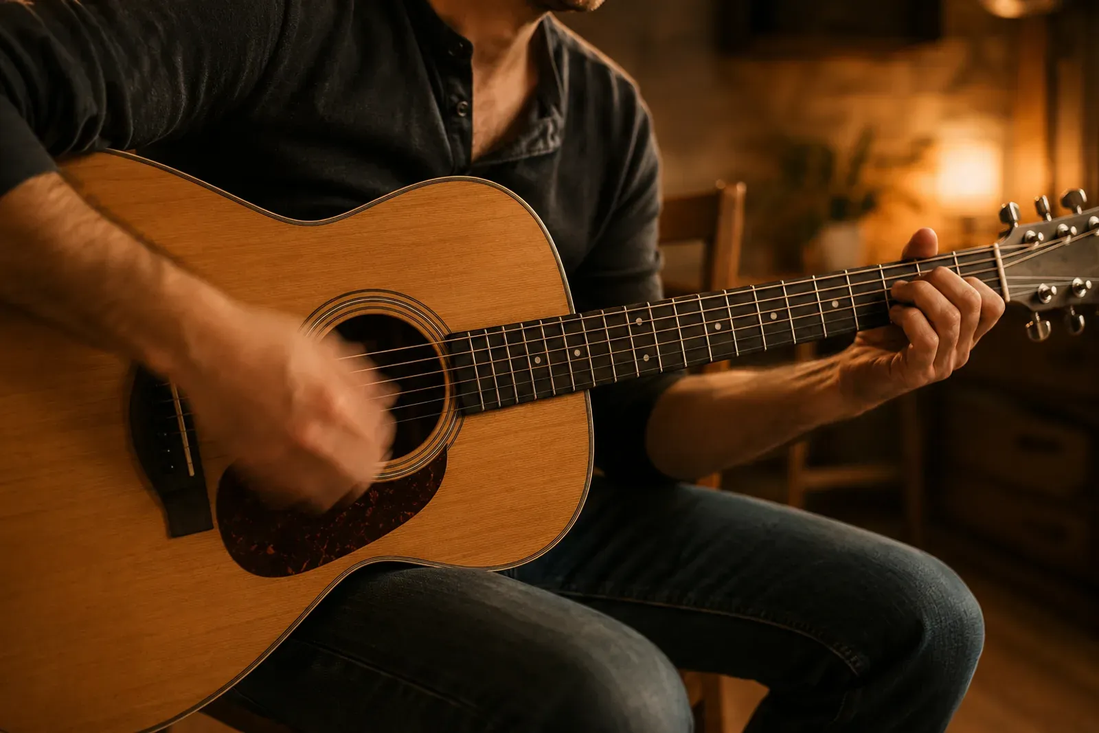 Guitariste assis dans un salon chaleureux, jouant de la guitare acoustique, bras en mouvement