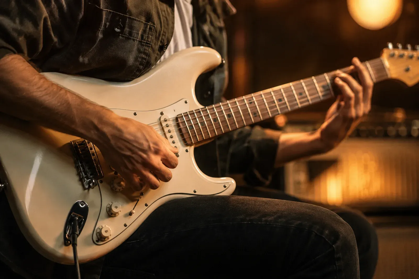 Guitariste jouant une Stratocaster en position de cocotte funk, main droite étouffant les cordes près du chevalet