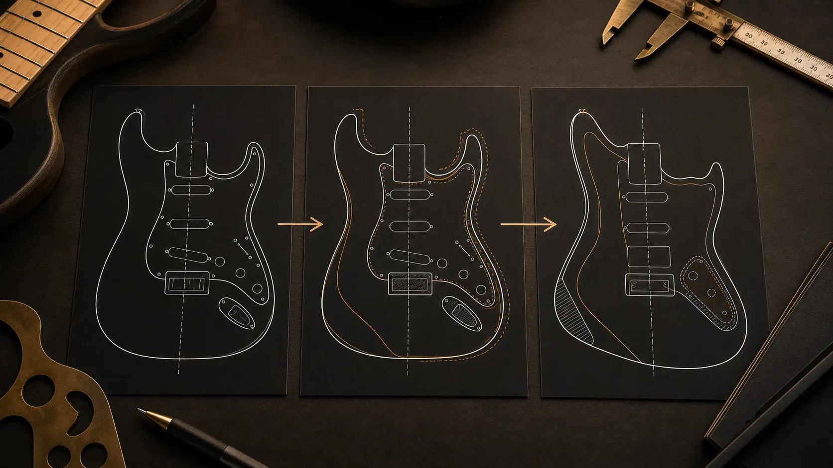 Trois silhouettes de guitares S-style montrant une copie proche, un redesign discret et une forme plus moderne