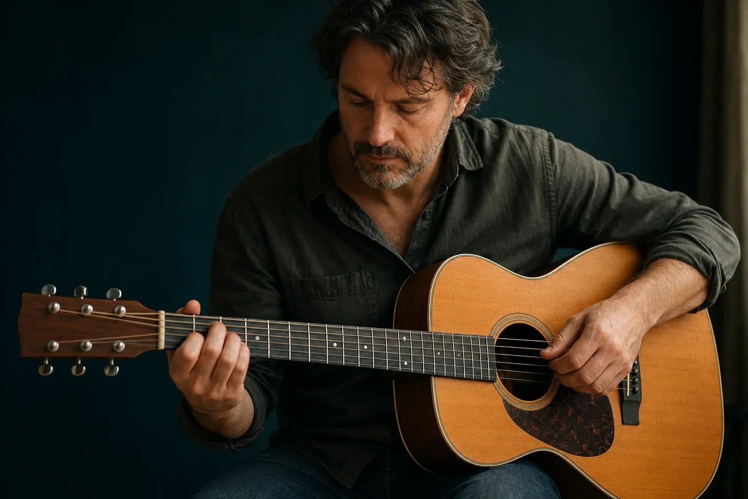 Guitariste gaucher assis, manche vers la gauche, main gauche sur les cordes et main droite sur le manche
