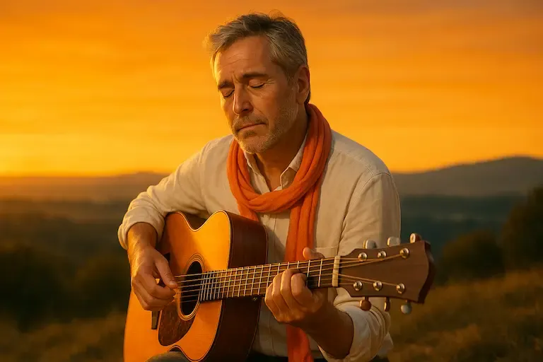 Guitariste jouant au coucher du soleil