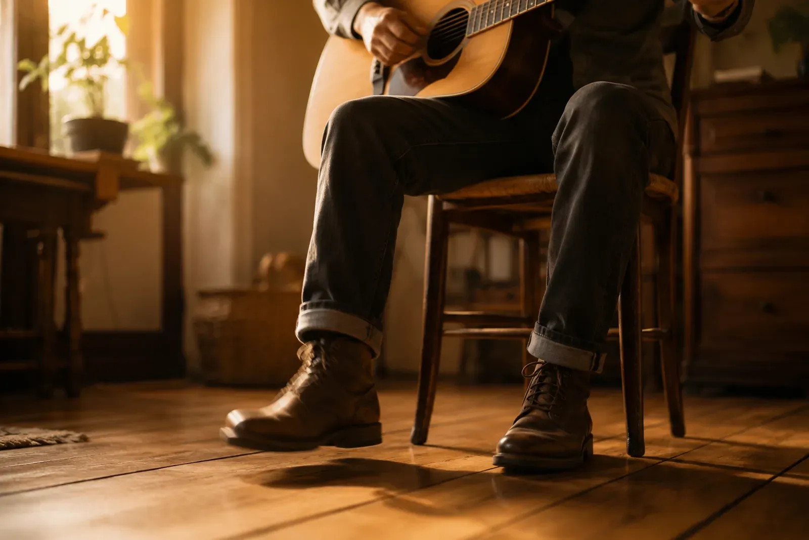 Guitariste assis avec une guitare acoustique sur les genoux, cadrage bas montrant le pied battant la mesure