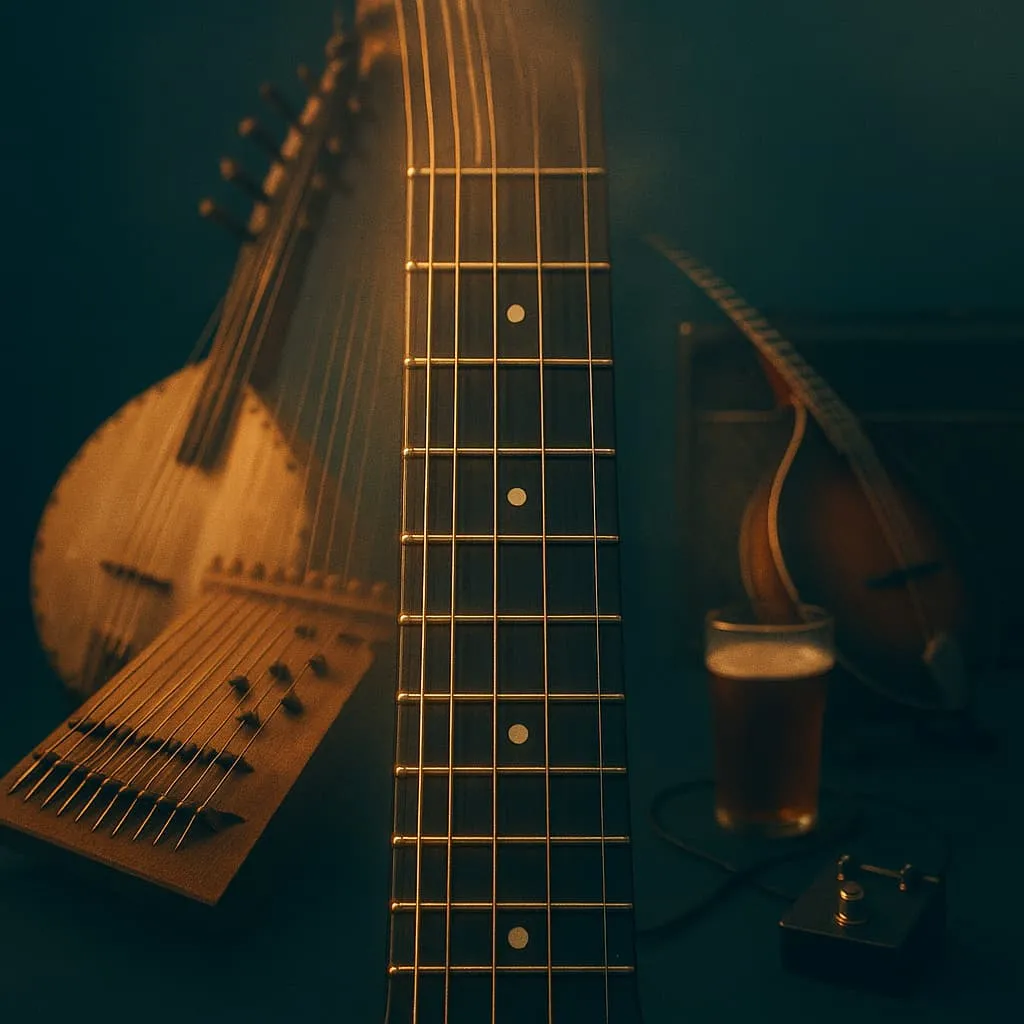 Pont entre cithare, kora et guitare moderne en open tuning et cordes à vide