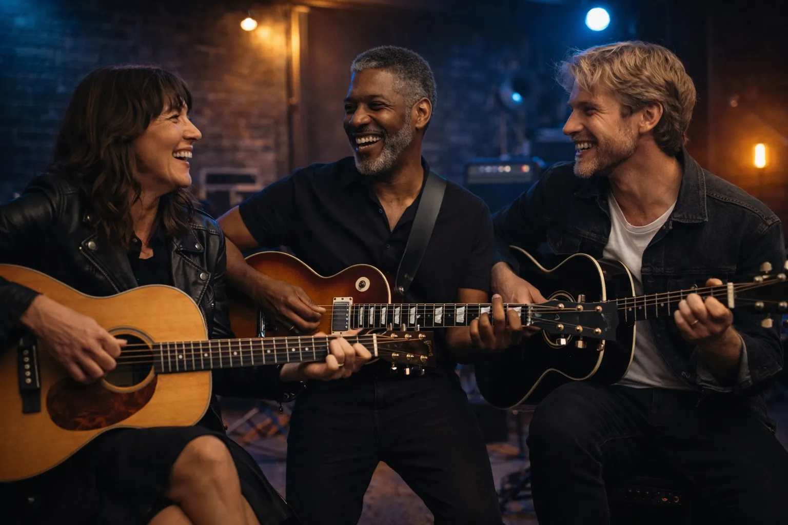 Trois adultes souriants jouant de la guitare ensemble