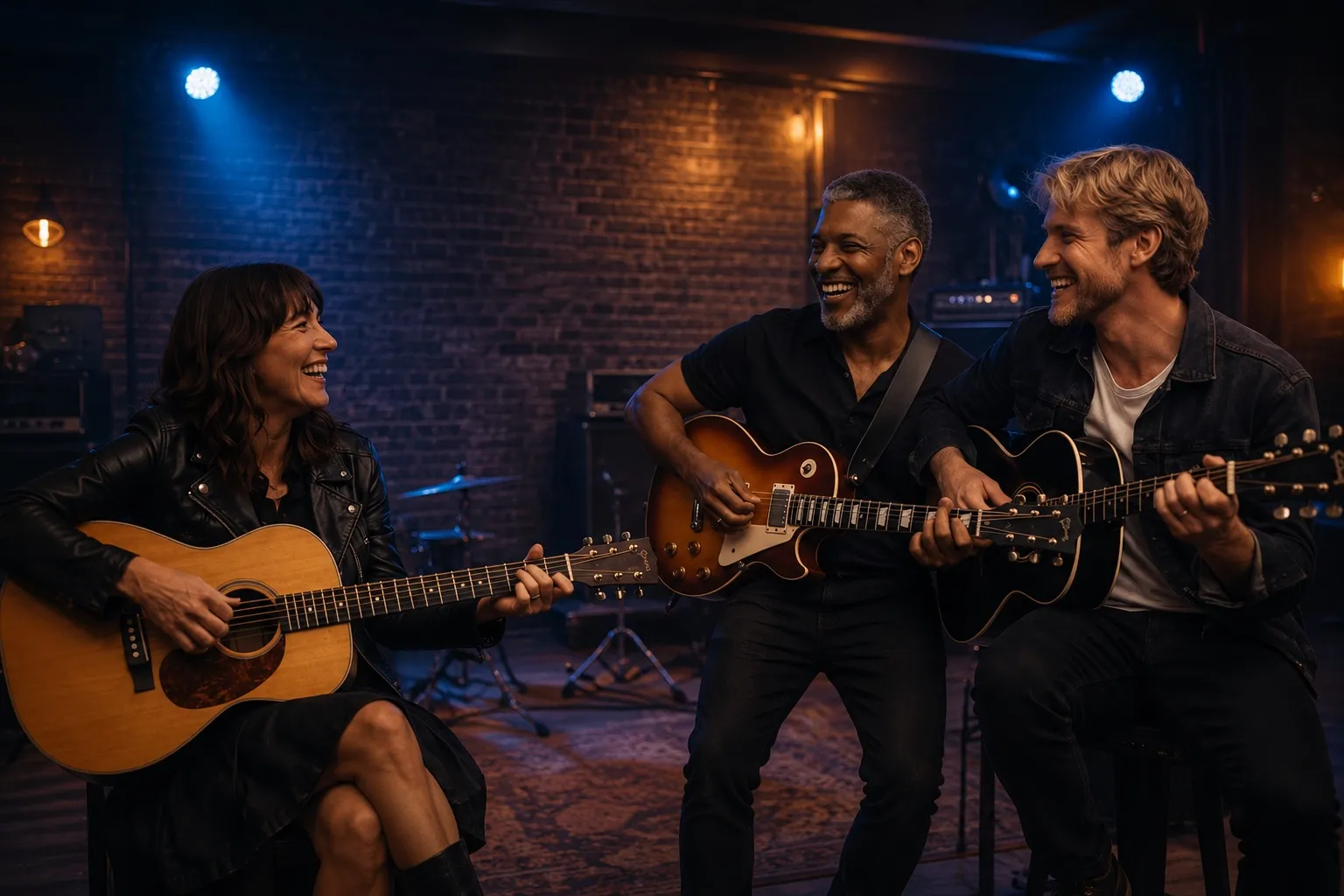 Trois adultes souriants jouant de la guitare ensemble