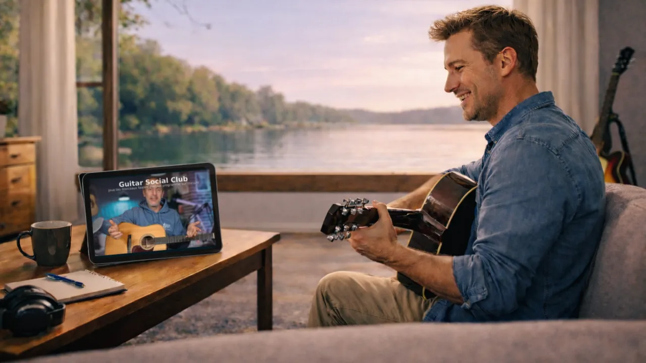 Un adulte joue de la guitare acoustique devant une vue sur un lac, une tablette diffuse un cours Guitar Social Club
