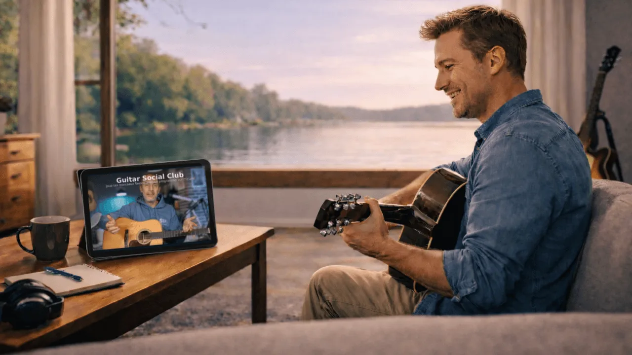 Un adulte joue de la guitare acoustique devant une vue sur un lac, une tablette diffuse un cours Guitar Social Club