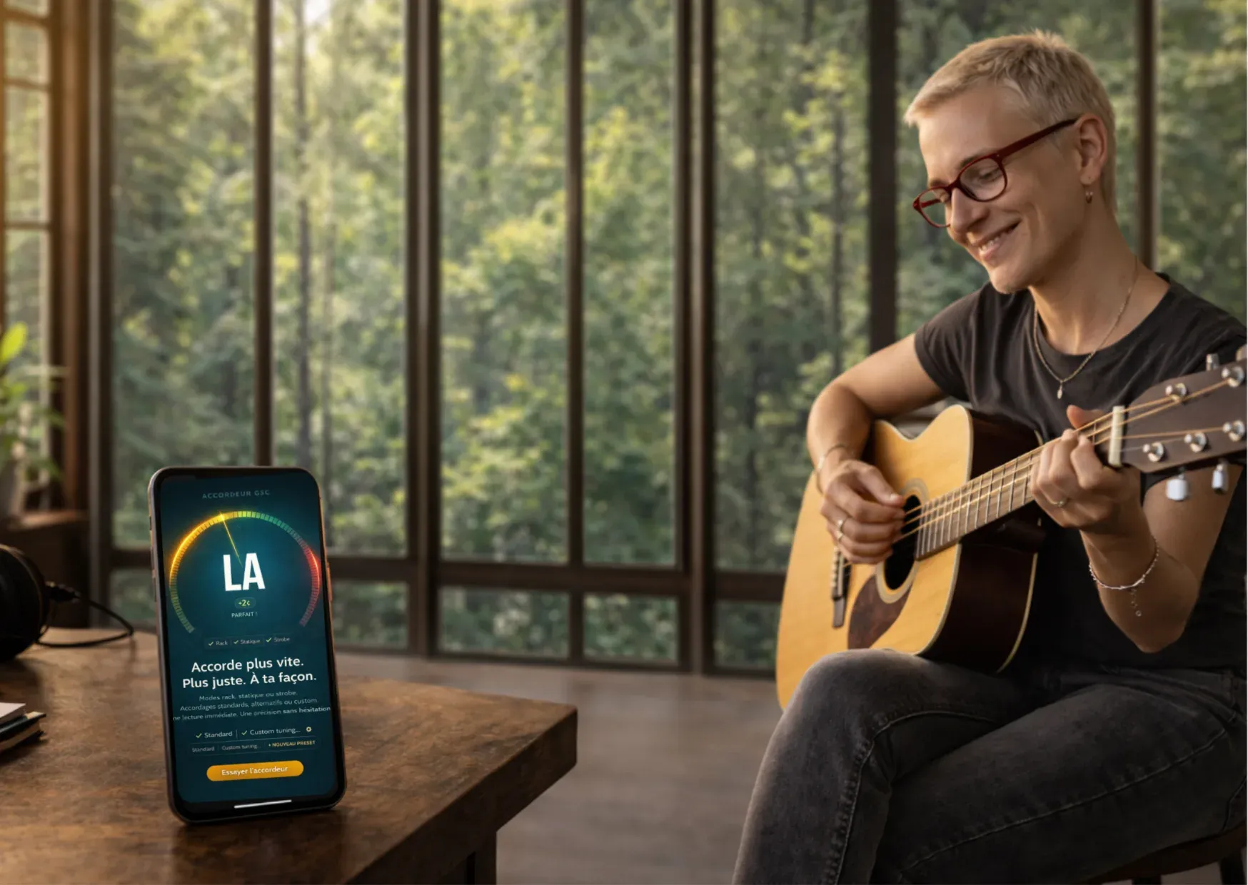 Application accordeur guitare Guitar Social Club avec modes de visualisation pour s’accorder