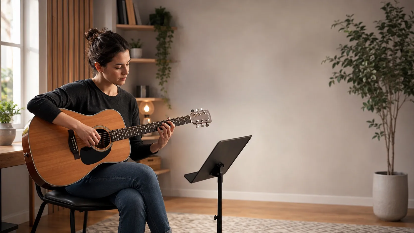 Adulte travaillant la guitare chez lui avec un plan de travail clair