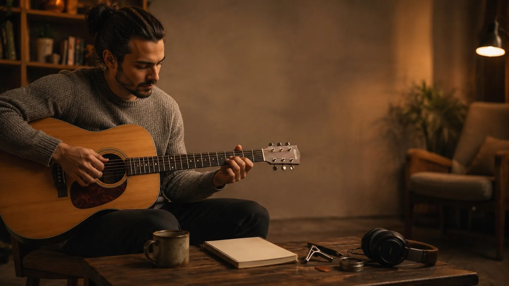Guitariste en train de jouer dans une ambiance chaleureuse